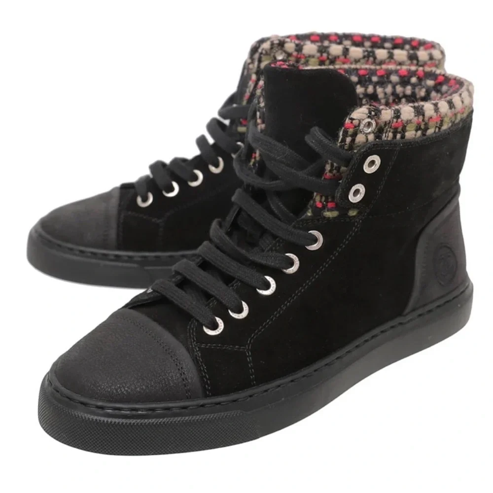 Chanel 15A Suede Leather Tweed High Top Black Sneakers Size 37